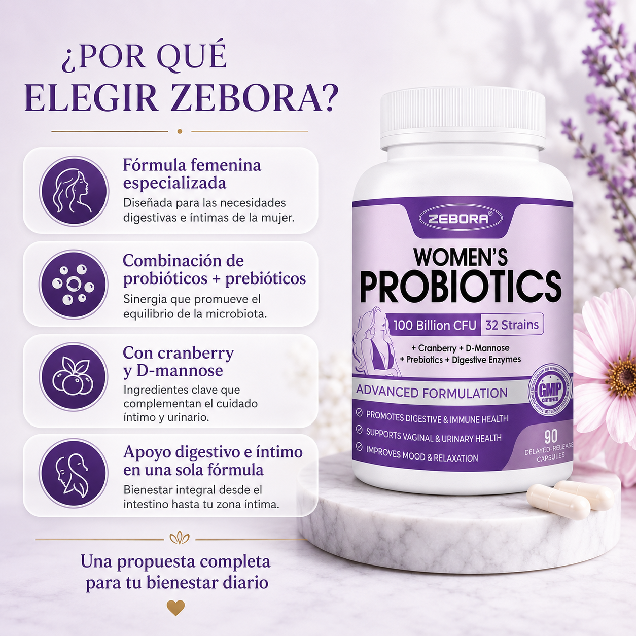 PRÓBIOTICOS PARA LA MUJER 32 CEPAS 100 BILLONES ZEBORA