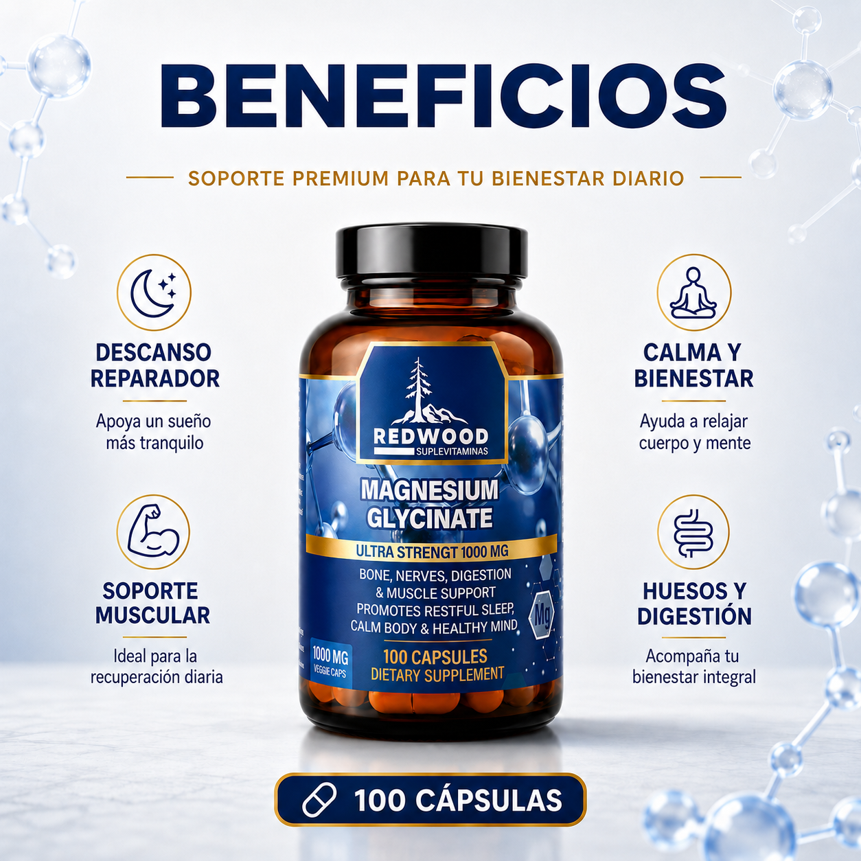 GLICINATO DE MAGNESIO EXTRA FUERTE 1000MG 100 CAPSULAS SUPLEVITAMINAS LÍNEA REDWOOD