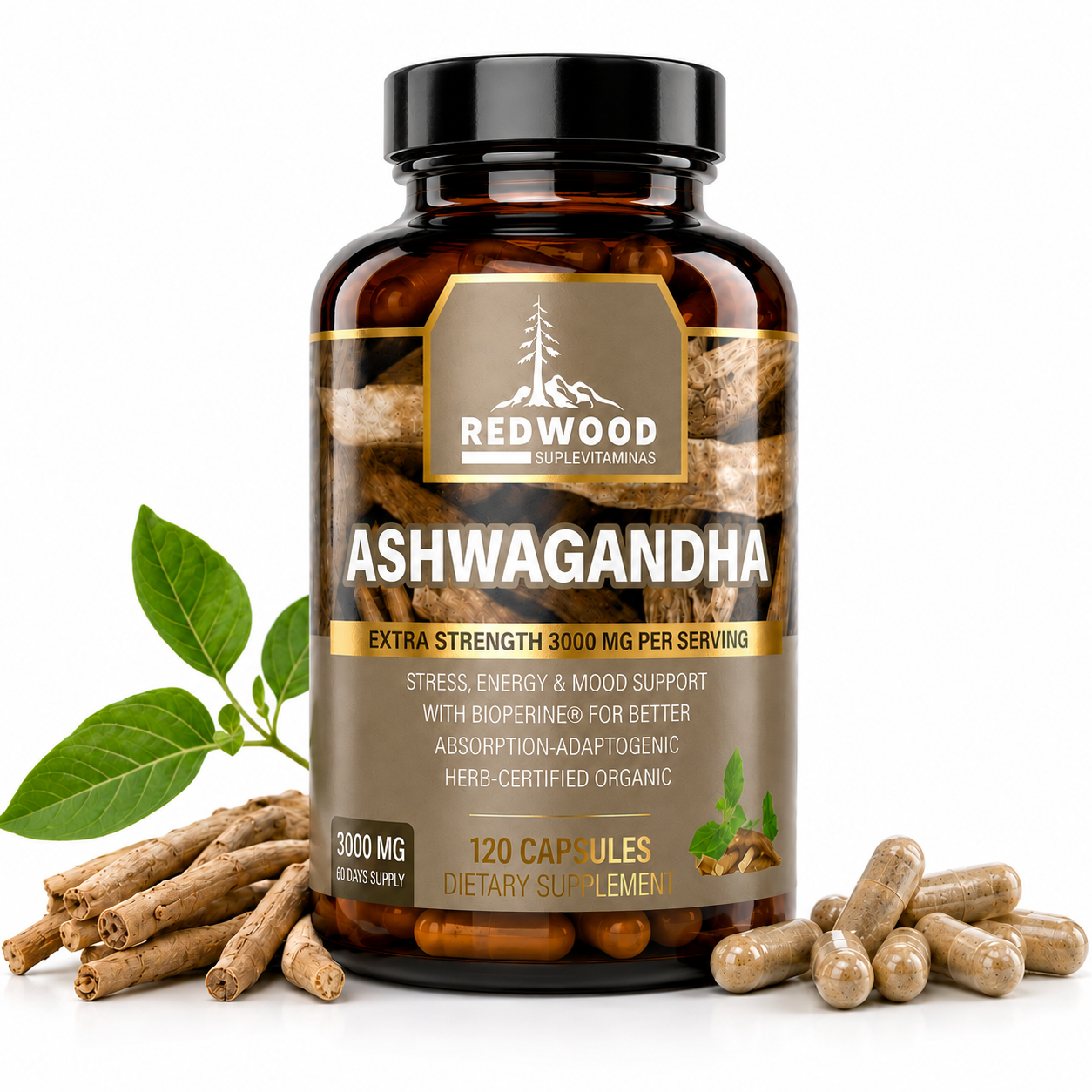 ASHWAGANDHA 3000 MG EXTRA FUERTE SUPLEVITAMINAS LÍNEA REDWOOD