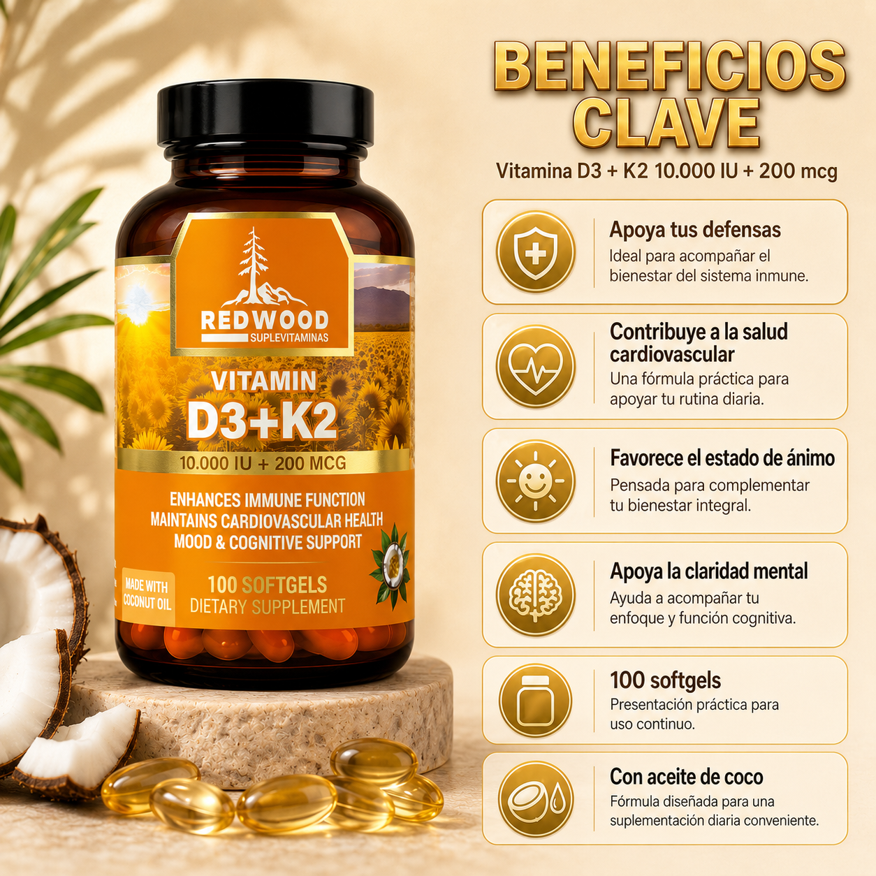 VITAMINA D3 & K2 10.000 UI + 200 mcg 100 SOFGELS SUPLEVITAMINAS LÍNEA REDWOOD
