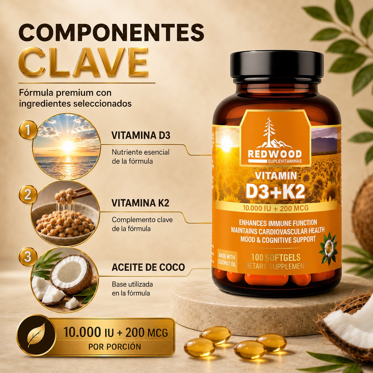 VITAMINA D3 & K2 10.000 UI + 200 mcg 100 SOFGELS SUPLEVITAMINAS LÍNEA REDWOOD