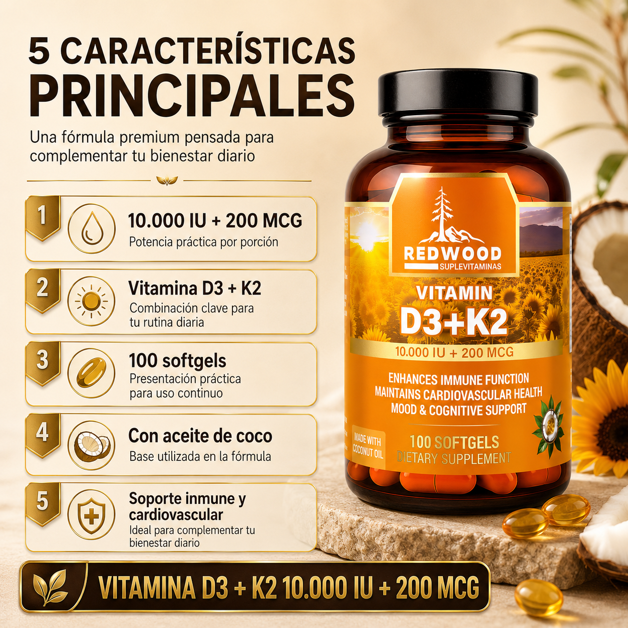 VITAMINA D3 & K2 10.000 UI + 200 mcg 100 SOFGELS SUPLEVITAMINAS LÍNEA REDWOOD