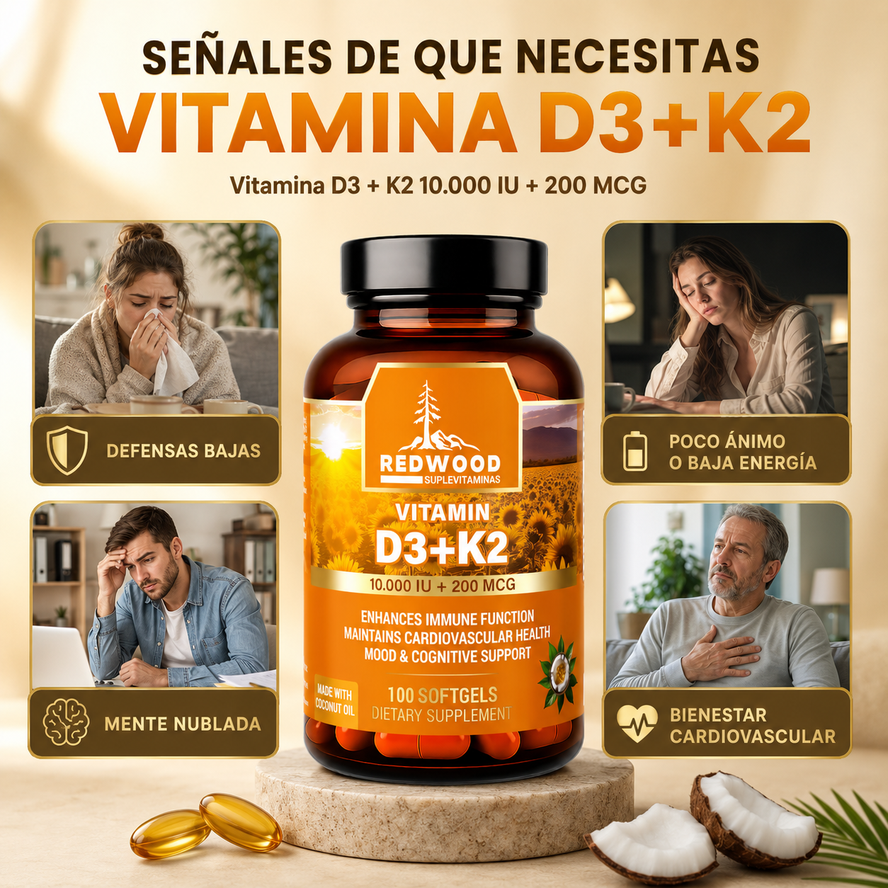 VITAMINA D3 & K2 10.000 UI + 200 mcg 100 SOFGELS SUPLEVITAMINAS LÍNEA REDWOOD