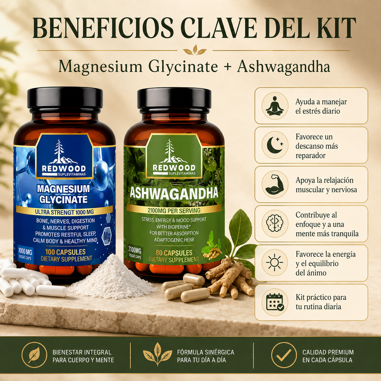 KIT ANTIESTRES GLICINATO DE MAGNESIO 1000MG +  ASHWAGANDHA 2100MG