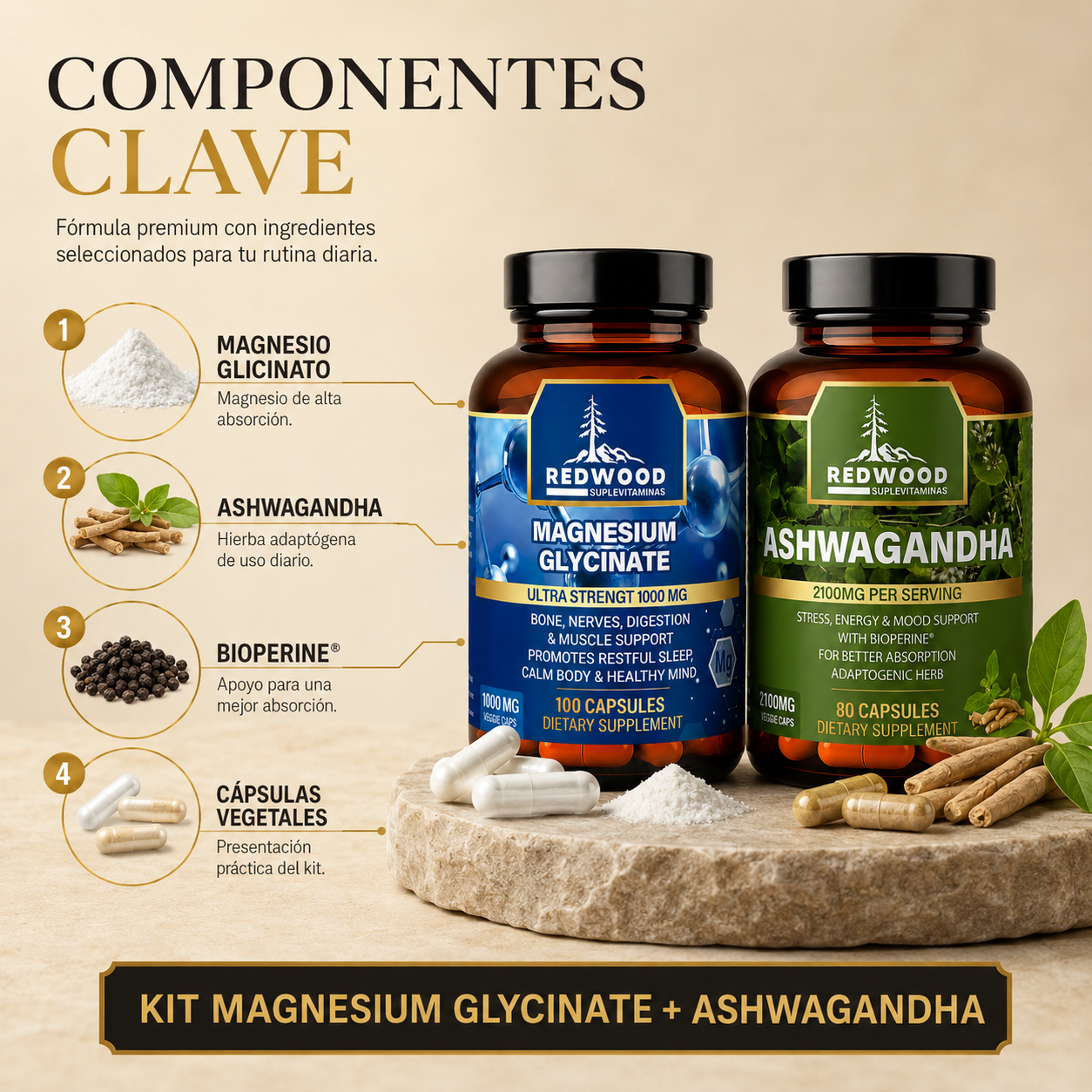 KIT ANTIESTRES GLICINATO DE MAGNESIO 1000MG +  ASHWAGANDHA 2100MG