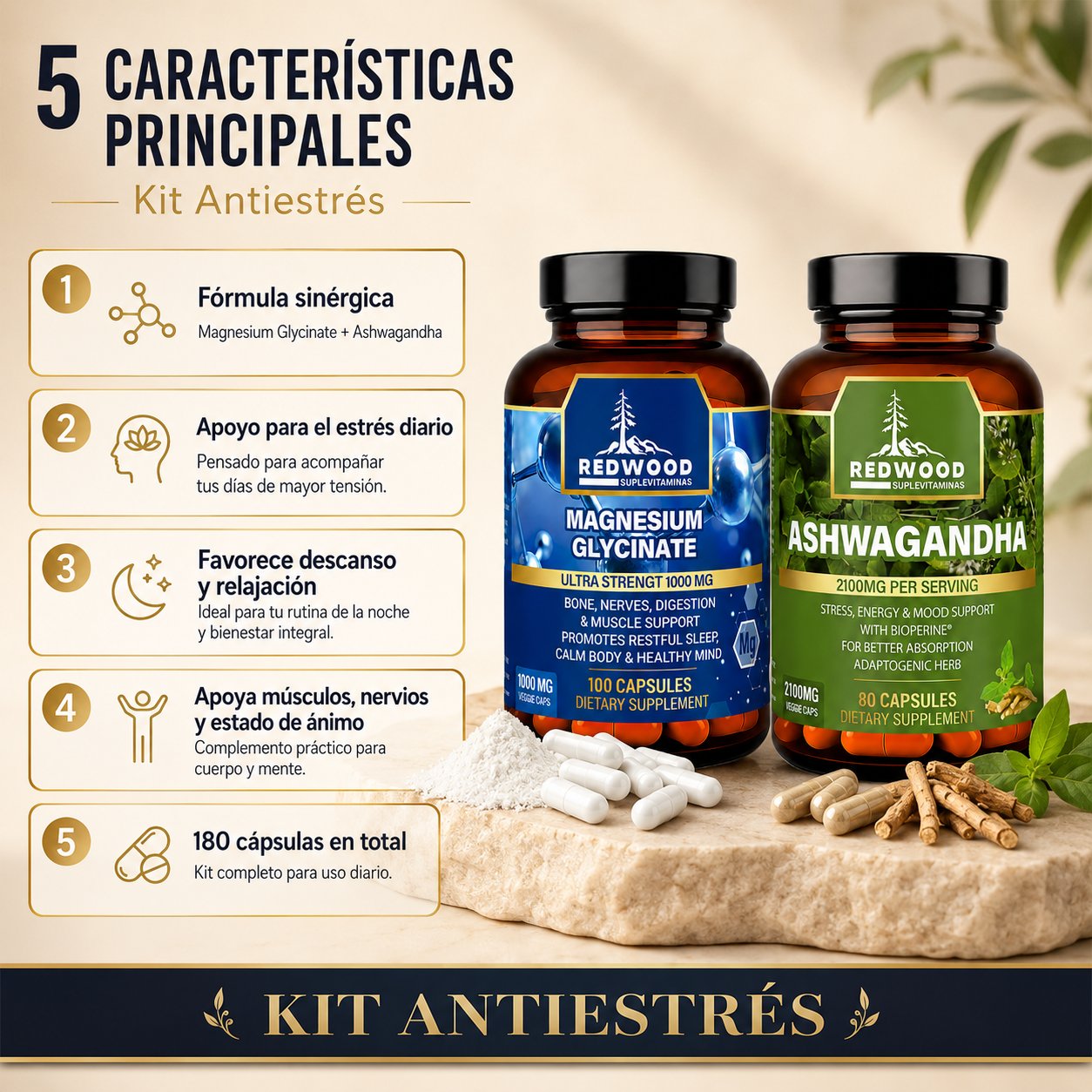 KIT ANTIESTRES GLICINATO DE MAGNESIO 1000MG +  ASHWAGANDHA 2100MG
