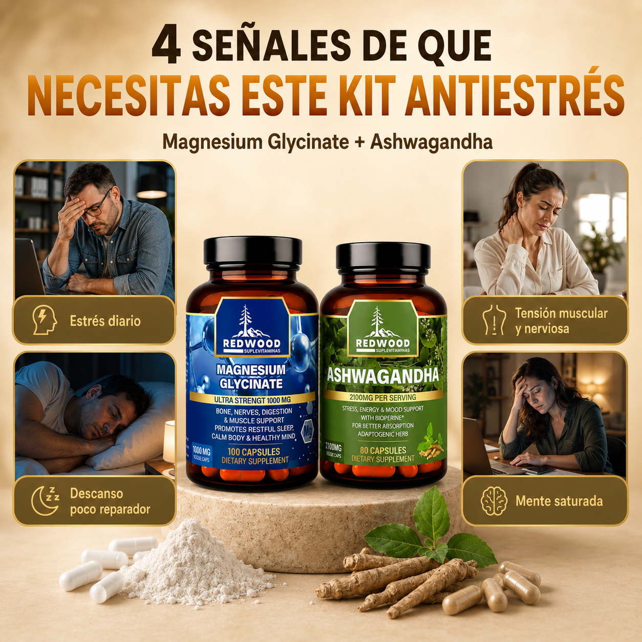KIT ANTIESTRES GLICINATO DE MAGNESIO 1000MG +  ASHWAGANDHA 2100MG