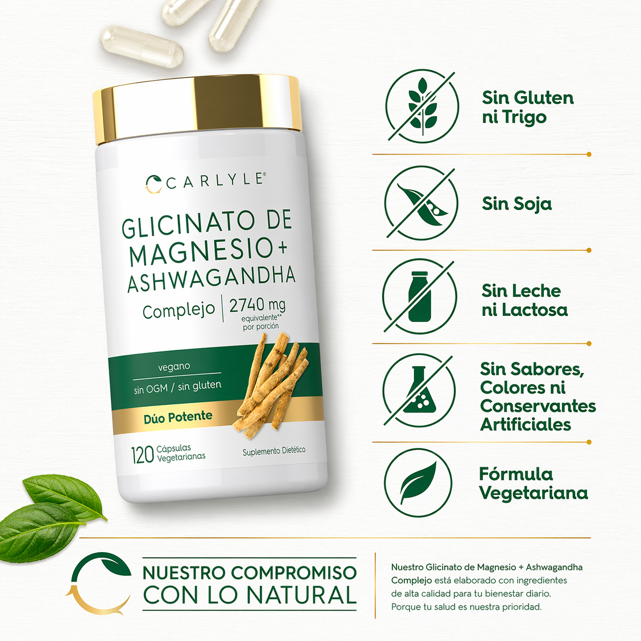 GLICINATO DE MAGNESIO CON ASHWAGANDHA 2740MG 120 CÁPSULAS CARLYLE