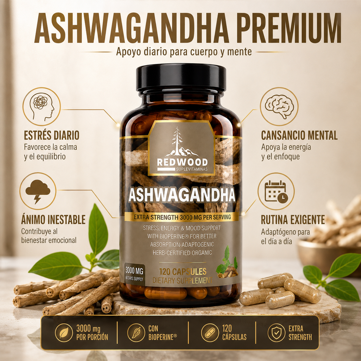 ASHWAGANDHA 3000 MG EXTRA FUERTE SUPLEVITAMINAS LÍNEA REDWOOD