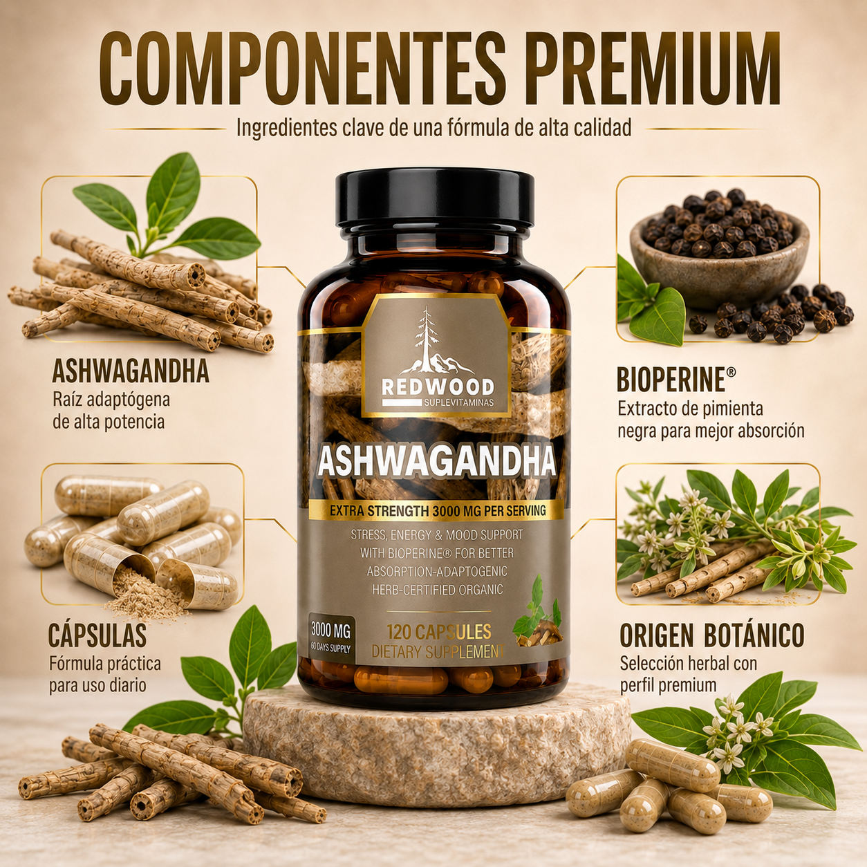 ASHWAGANDHA 3000 MG EXTRA FUERTE SUPLEVITAMINAS LÍNEA REDWOOD