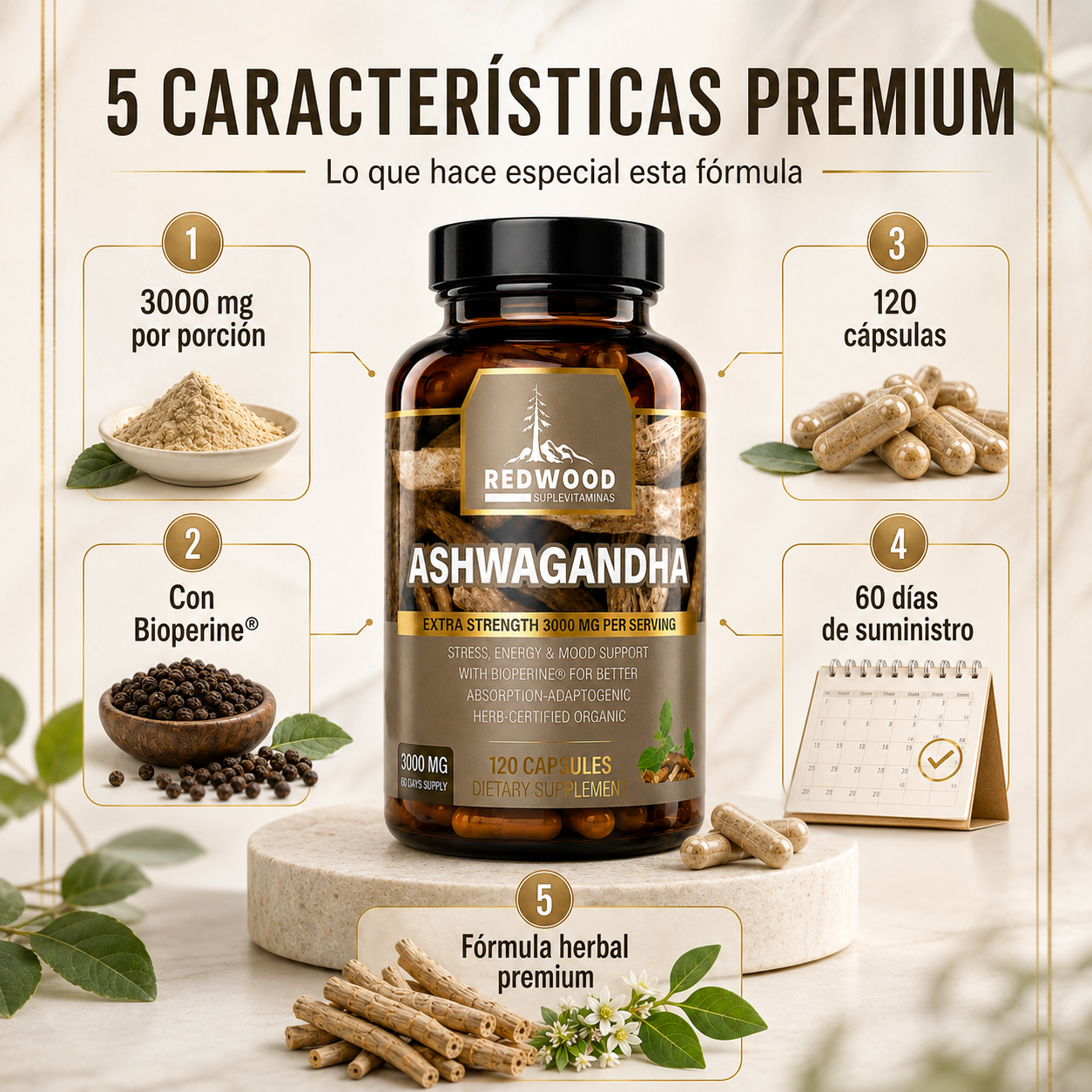 ASHWAGANDHA 3000 MG EXTRA FUERTE SUPLEVITAMINAS LÍNEA REDWOOD
