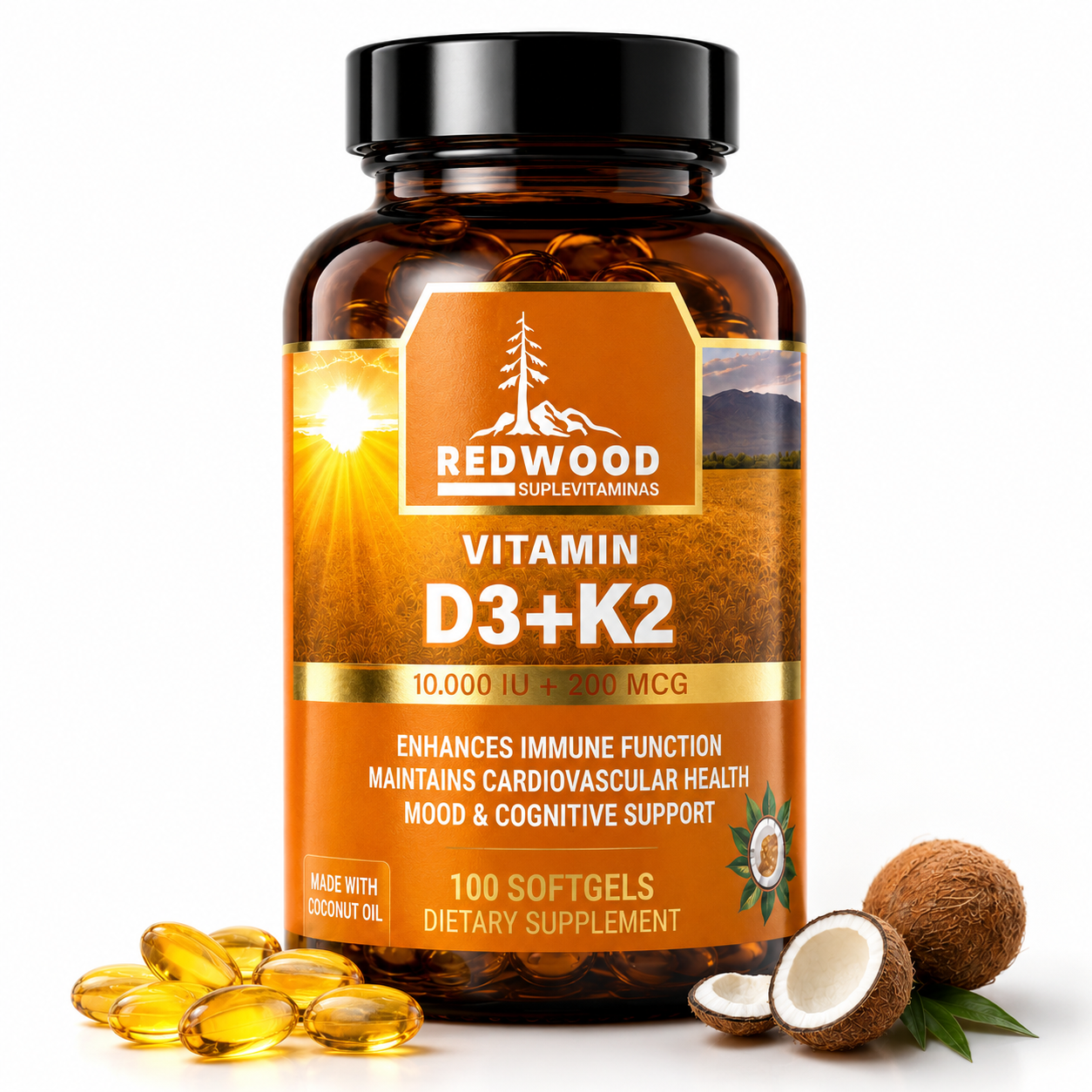 VITAMINA D3 & K2 10.000 UI + 200 mcg 100 SOFGELS SUPLEVITAMINAS LÍNEA REDWOOD