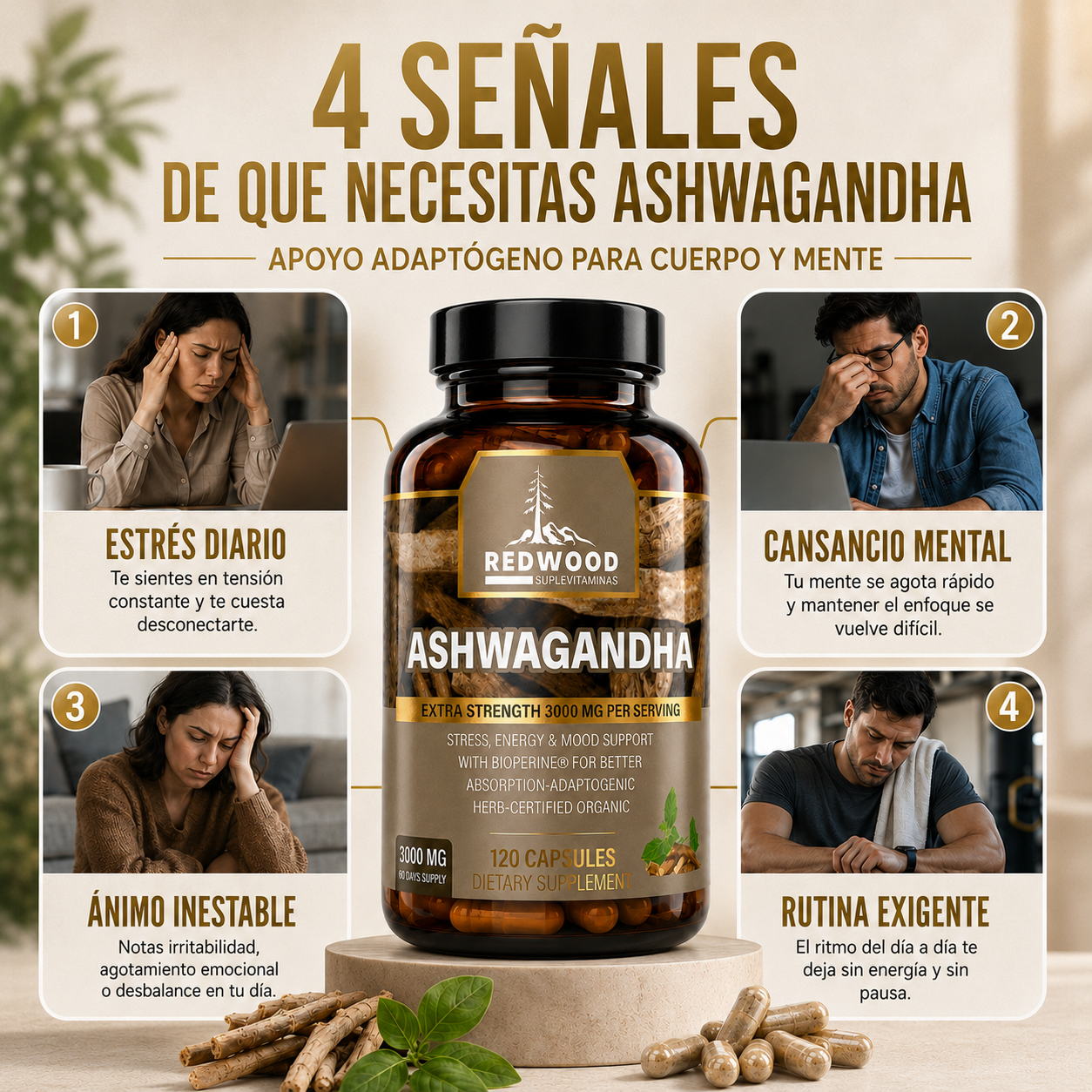 ASHWAGANDHA 3000 MG EXTRA FUERTE SUPLEVITAMINAS LÍNEA REDWOOD
