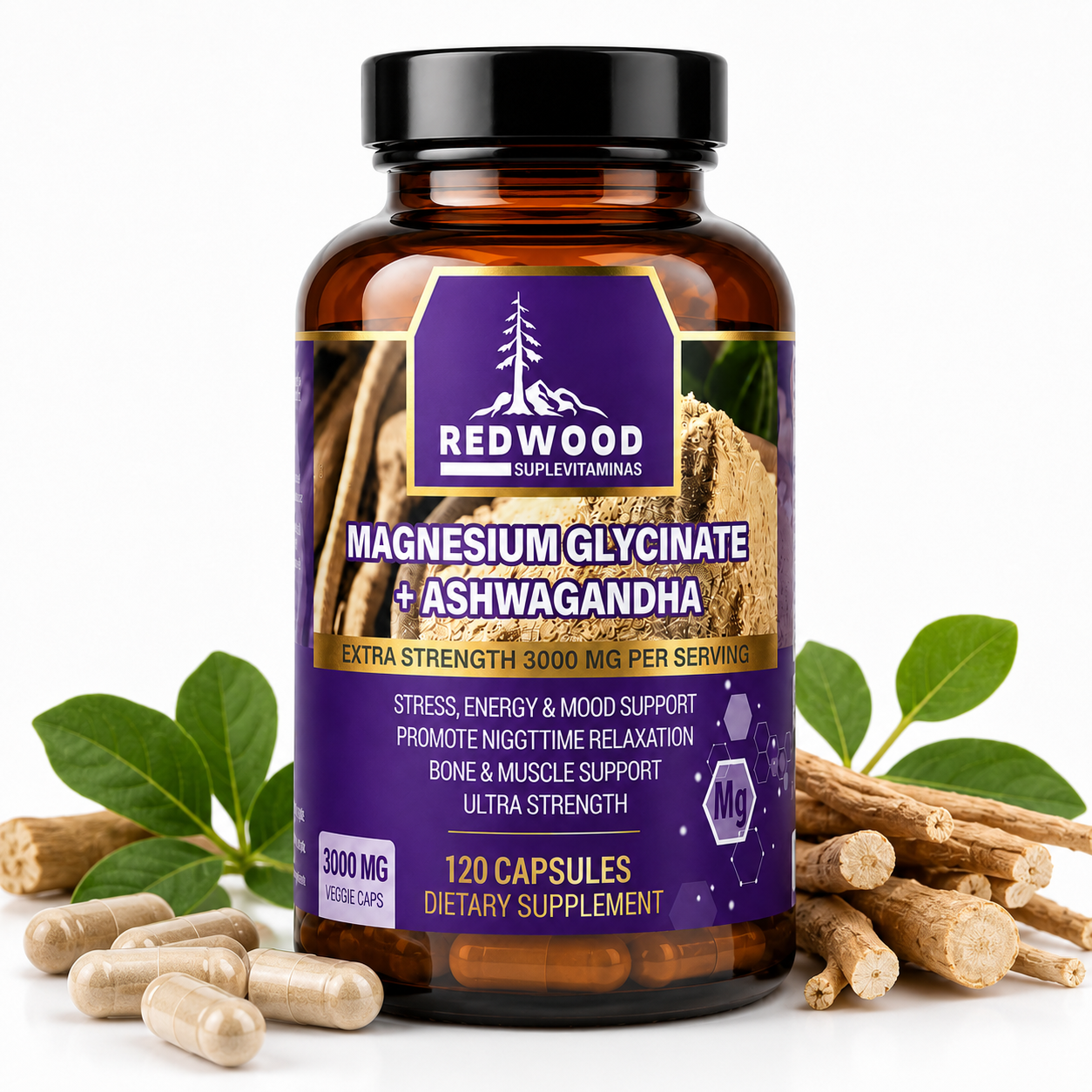 GLICINATO DE MAGNESIO CON ASHWAGANDHA 3000MG 120 CAPSULAS SUPLEVITAMINAS LÍNEA REDWOOD